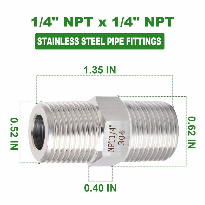 TAISHER 2PCS 304 Stainless Steel Hex Nipple, Pipe Fitting 1/4-Inch Male Pipe x 1/4-Inch Male Pipe - Image 4